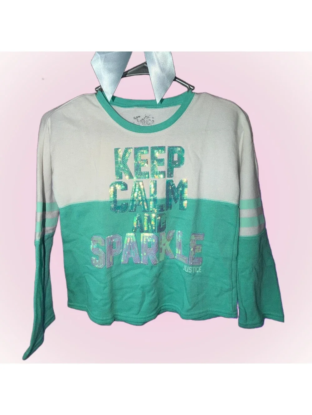 Girls Size 7 Turquoise & White Sequin Long Sleeve Top by Justice